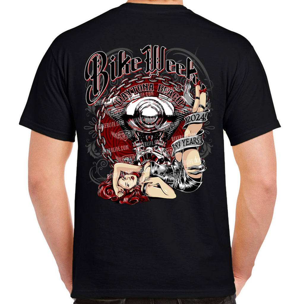 2024 Bike Week Daytona Beach Chained Engine Pinup Girl T-Shirt