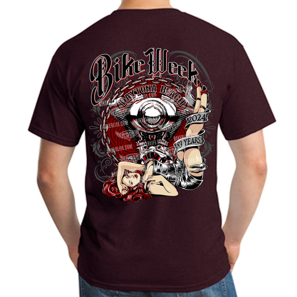 2024 Bike Week Daytona Beach Chained Engine Pinup Girl T-Shirt