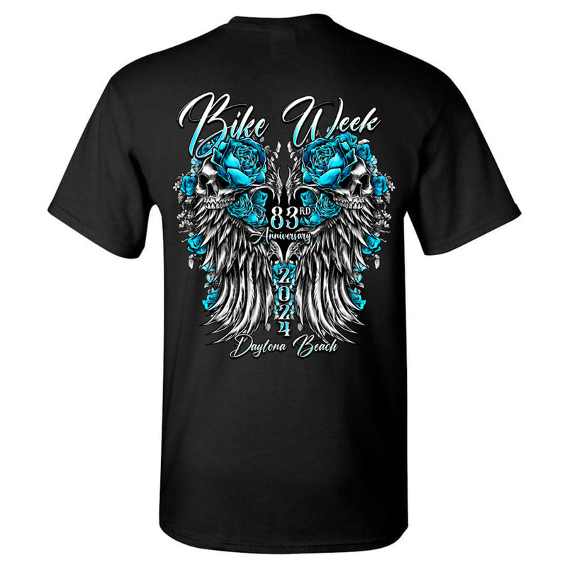 Ladies 2024 Bike Week Daytona Beach Rose Skull Wings T-Shirt