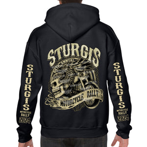 2024 Sturgis Motorcycle Rally Grunge & Chains Skull Wing Pullover Hoodie