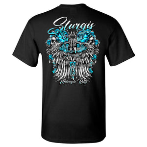 Ladies 2024 Sturgis Motorcycle Rally Rose Skull Wings T-Shirt