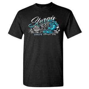 Ladies 2024 Sturgis Motorcycle Rally Rose Skull Wings T-Shirt
