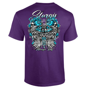 Ladies 2024 Sturgis Motorcycle Rally Rose Skull Wings T-Shirt