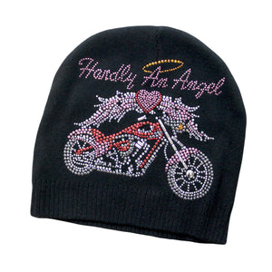 Hardly An Angel Motorcycle Knit Rhinestone Beanie
