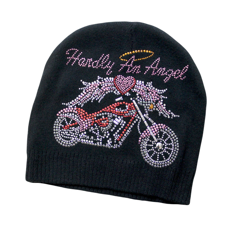 Hardly An Angel Motorcycle Knit Rhinestone Beanie