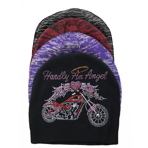 Hardly An Angel Motorcycle Knit Rhinestone Beanie
