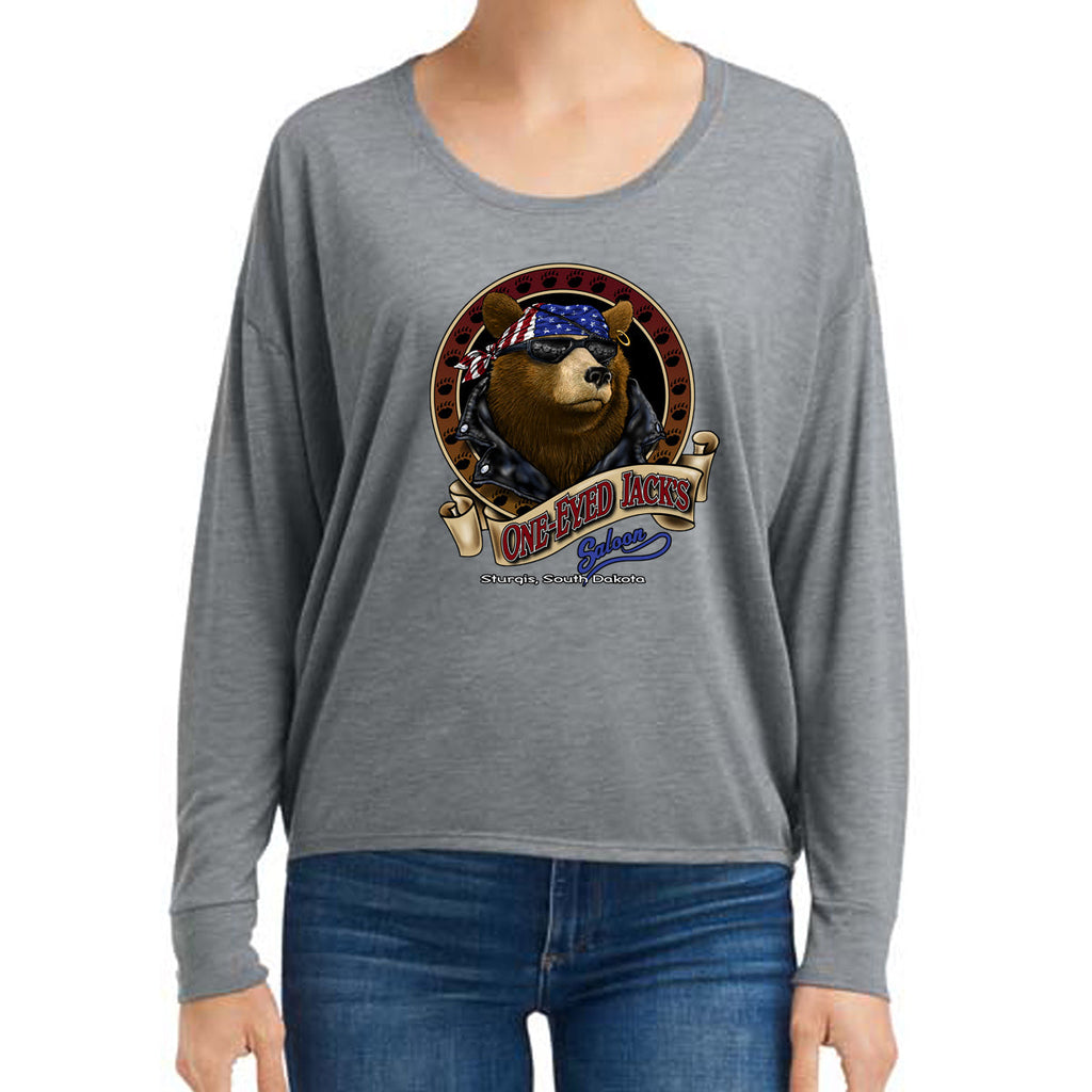 Ladies One Eyed Jack's Saloon Front Printed Cool Bear Freedom Long Sleeve T-Shirt