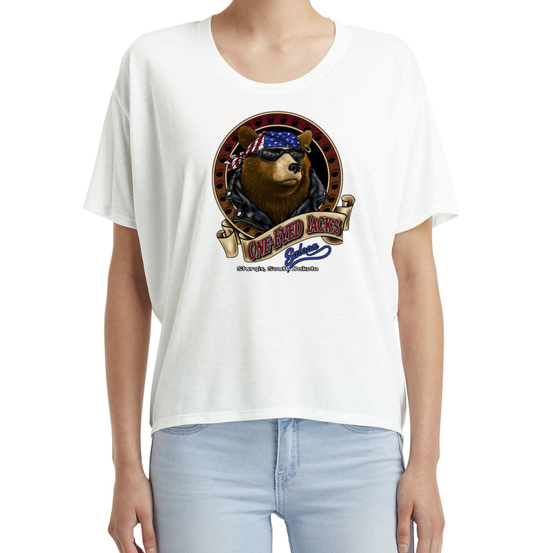 Ladies One Eyed Jack's Saloon Front Printed Cool Bear Freedom T-Shirt