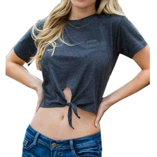 Solid Short Sleeve Crew Neck Crop Top with Front Tie Assorted 12-Pack ($4 Each)