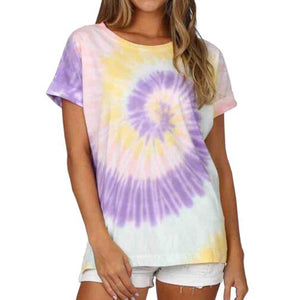 Tie Dye Short Sleeve Scoop Neck Top with High-Low Hem and Cuffed Sleeves Assorted 12-Pack ($4 Each)