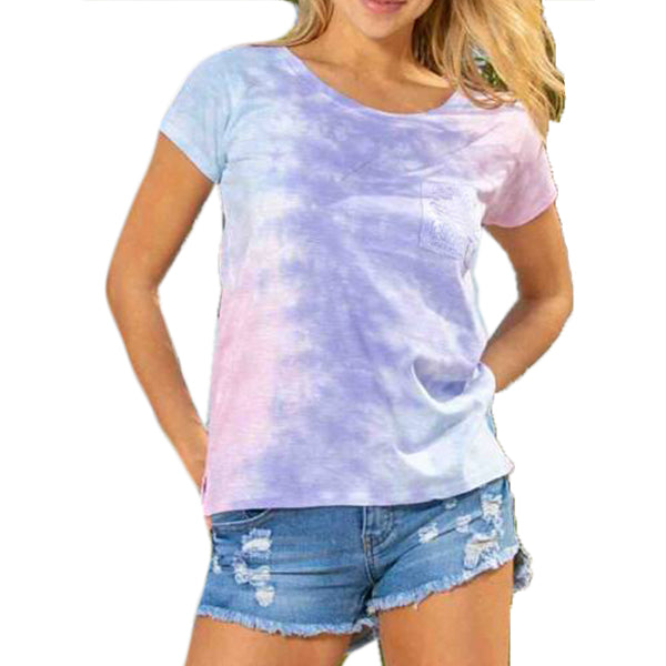 Tie Dye Short Sleeve Top with High-Low Hem and Pocket Assorted 12-Pack ($4 Each)